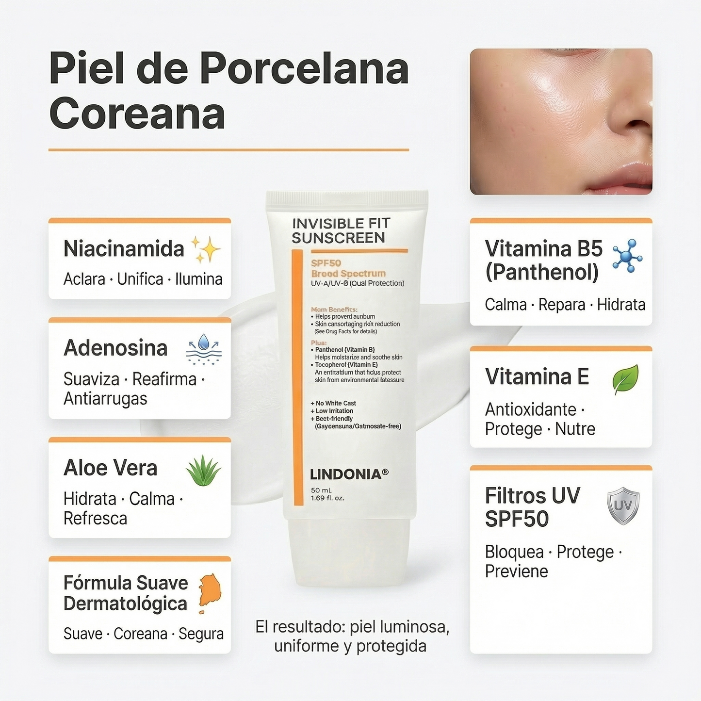 Lindonia® Bloqueador Glow Coreano SPF50